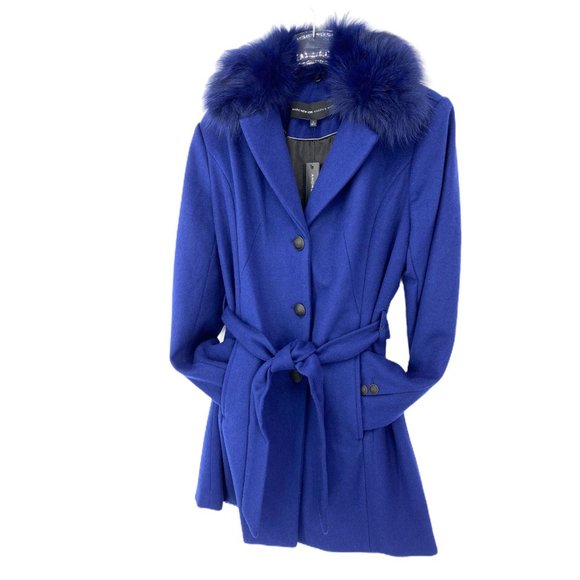 Women’s Blue Andrew Marc Wool Blend Detachable Fox Fur Collar Size 10 - Picture 4 of 12